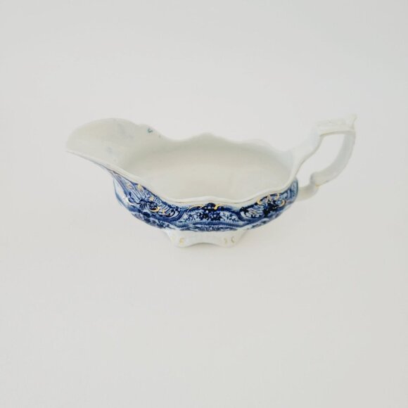 J&G Meakin York Flow Blue Gravy Boat, Embossed, Gold Accents, Floral Swags - Picture 13 of 13